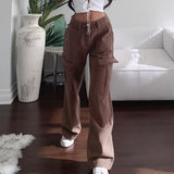 Kukombo Loose Oversize Brown Jeans Women 2022 Casual High Waisted Cargo Pants With Pockets Vintage Cotton Trousers Streetwear