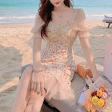 Kukombo  Fairy Vintage Floral Dress Women Patchwork Split Elegant Korean Party Dress Casual Holiday Evening Beach Dress Women 2022 Summer
