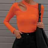 Kukombo Sexy Hollow Out Women T Shirt Casual Round Neck Long Sleeve Skinny Cropped Tops 2022 Autumn Solid Elegant Basic Tees