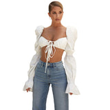 Kukombo puff long sleeve ruffle lace up women crop top shirts elegant ruched hollow out 2022 spring autumn clothes party Korea