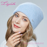Christmas Gift Women hat  Knitted double layer for warmth Angora wool Front diamond decoration For girl Three-dimensional sewing