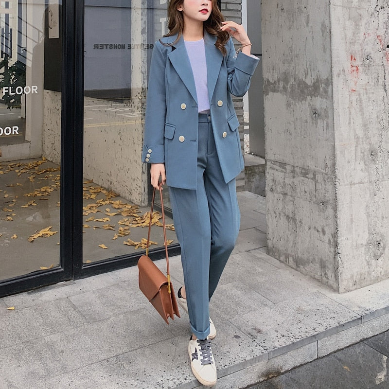 Kukombo Christmas Gift Fashion Women Blazer Suits Long Sleeve Double- breasted Blazer Pants Suit Office Ladies Two-piece Blazer Sets