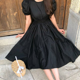Kukombo Elegant Fashion Big Bow Party Dress Solid Color Short Puff Sleeve Dresses Female Vintage Korean Style Vestidos 3a498