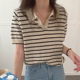 Christmas Gift Korean Chic Lazy Style T Shirt Lapel Contrast Stripe Design Tops Loose And Versatile Short Sleeve T-shirt Women's Top