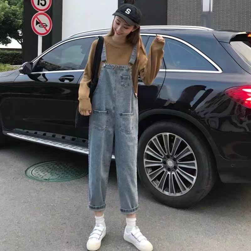 Christmas Gift Women's Denim Jumpsuits Street Korean Preppy Style Wild Loose And Thin Nine Points Casual Pants Pocket Woman Denim Overalls