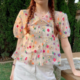 Kukombo French Peter Pan Collar Shirts Women Sweet Short Sleeve Chiffon Blouses Female Summer New Korean Flower Embroidered Tops