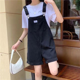 Kukombo Women's Jumpsuits Korean Preppy Style Solid Color Strap Pants Large Pocket High Waist Black Short summer Woman Denim Overalls