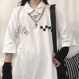 Kukombo Harajuku Polo Collar T-Shirt Women Streetwear Japanese Style Short Sleeve Tees White Tops Alt Clothes Female 2022