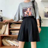 Kukombo Shorts Women Summer Button Knee-Length Black Wide-Leg Loose Drape Korean-Style Casual Womens Office BF Streetwear Fashion Simple