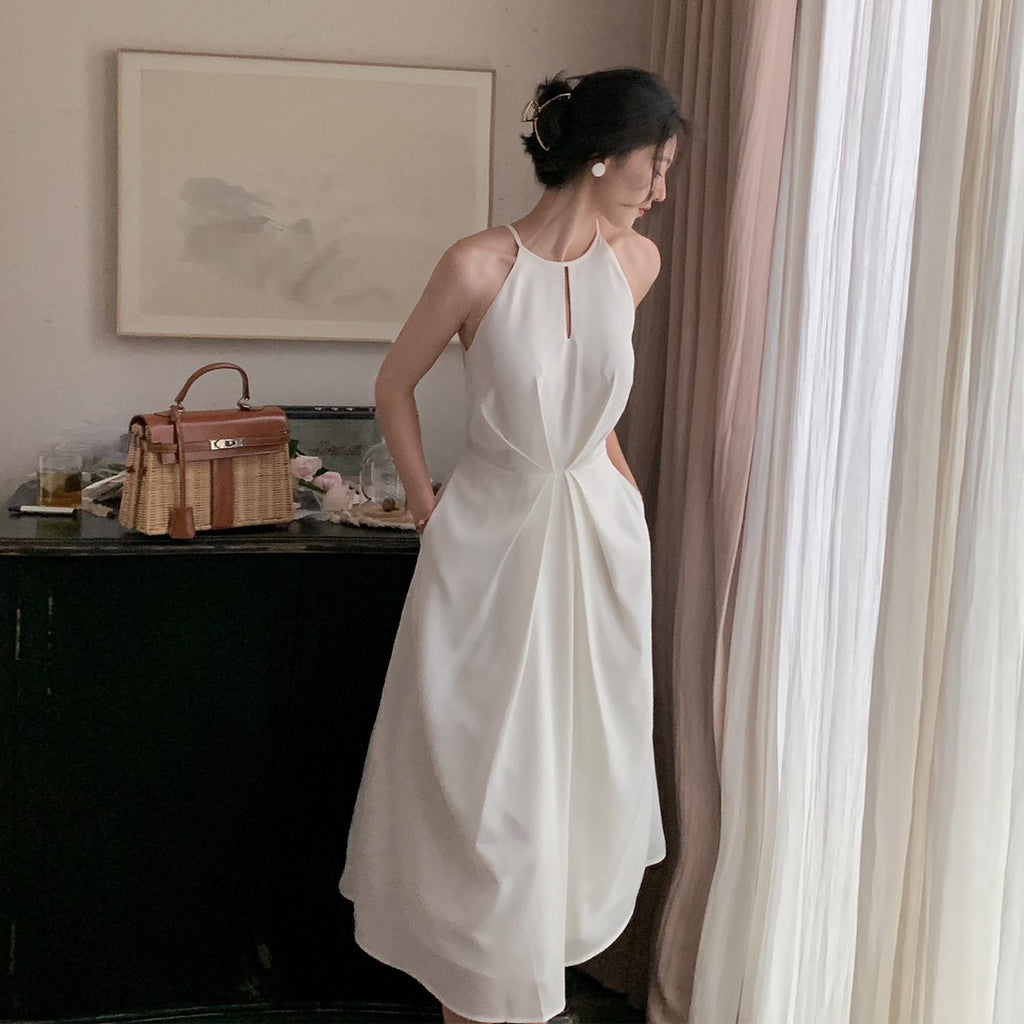 Elegant Lady White Strapless Dress Women Vestidos French Style Vintage Solid Halter Strap Dress Femme Robe
