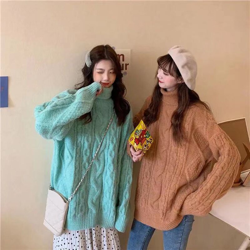 Christmas Gift Women's Winter Sweater Korean Student Style Thickened Lazy Style Turtleneck Sweater Loose Solid Color Long Woman Sleeve Pullover