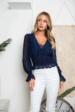Kukombo Casual Cropped Blouse Shirt Sheer Autumn V-Neck Sexy Women Blouse Long Sleeve Holiday Female Ladies Tops 2023
