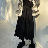 Kukombo 2022 Autumn Winter Wrinkled Black Pleated Skirt Women Korean Style Casual High Waisted A-Line Long Skirts Midi falda plisada