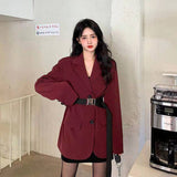 Kukombo Christmas Gift Blazers Women Spring Clothes Retro Burgundy Elegant Fashion Classy College All-match Vintage Loose Simple Design Corduroy