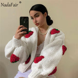 Nadafair Strawberry Embroidery Winter Thick Knitted Cardigans Coats Women Fashion Street Y2K Tops White Oversized Sweaters