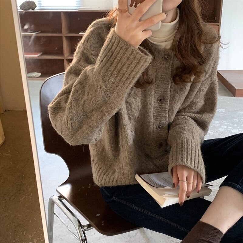 Kukombo Autumn Elegant Warm Sweater Cardigan Fashion Loose Thick V-neck Knitted Sweater Gentle Vintage Winter Clothes Women Tops