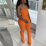 Kukombo Two Piece Chic Summer Suits Solid Tube Top & Slim Pants Set