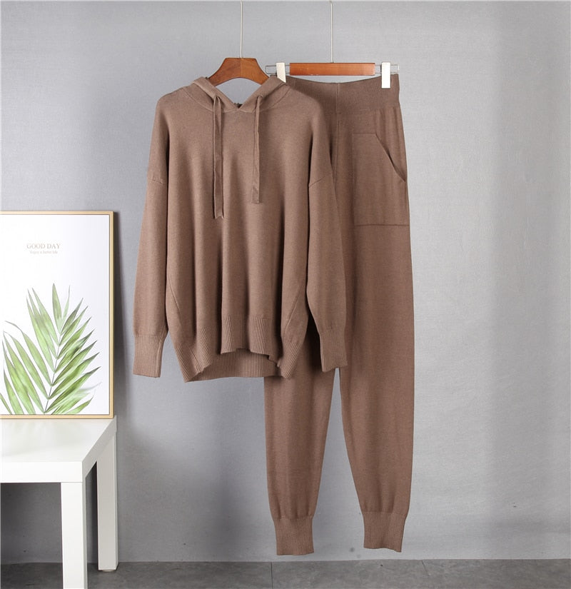 Christmas Gift Hirsionsan Cashmere Casual Two Piece Knitted Carrot Pants & Hooded Sweater Women Autumn Winter Sets Female Tracksuits Harem Pant