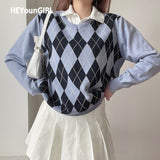 Kukombo White Casual Plaid Argyle Sweater Ladies Preppy Style Vinage Knit Jumper Women Antumn Winter Pullover Knitwear