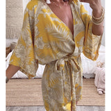 Kukombo Leaf Print White Batwing Sleeve Rompers Overalls Summer Autumn Sash Wide Leg Beach Boho Playsuit 2022 Plus Size Romper