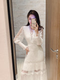 Kukombo Fashion Designer Spring Elegant Dresses 2022 Dress Autumn Women V-Neck Luxury Lace Patchwork Embroidery Sweet Midi Dress Female