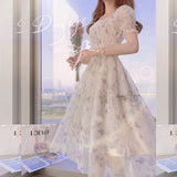 Kukombo Summer Chiffon Elegant Kawali Dress Women Floral Print Sweet Princess Casual Midi Dress Puff Sleeve Party Holiday Dress