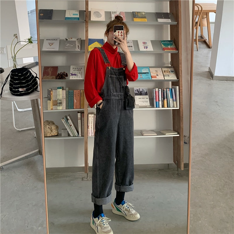 Christmas Gift Women's Denim Jumpsuits Retro Denim Trousers Loose Solid Color Overalls Female Korean Student Style 2021 Woman Street Jeans