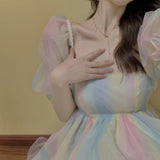 Kukombo  French Fairy Midi  Rainbow Dress Women Sweet Puff Sleeve Backless Designer Kawaii Dress Korean Style Slim Sexy Summer Dress 2022
