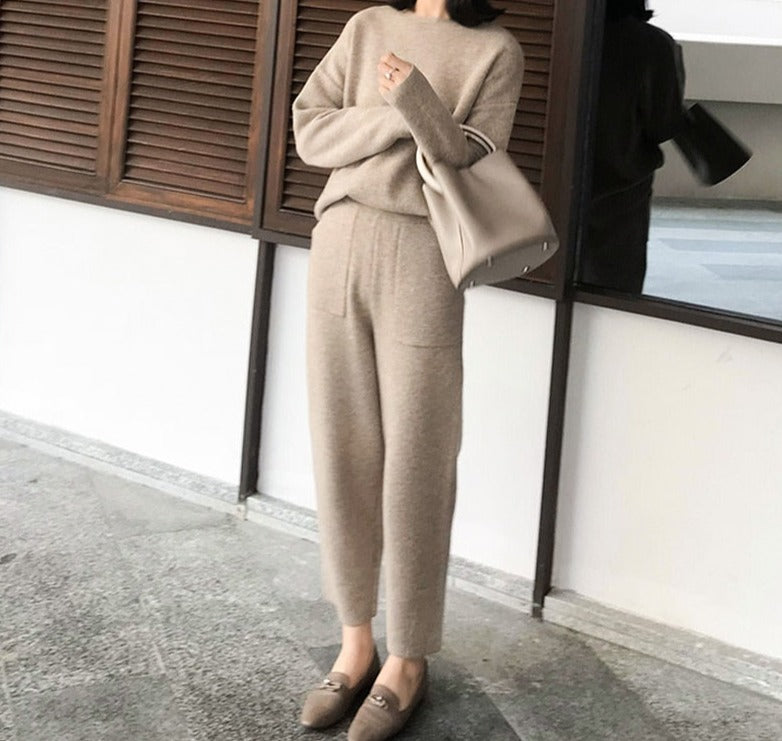 Christmas Gift Winter Casual Thick Sweater Tracksuits O-neck  Jumpers & Elastic Waist Pants Suit Female Knitted 2 Pieces Set