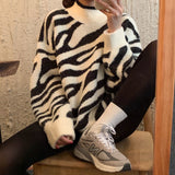 Kukombo  Autumn Winter Top 2022 New Korean Zebra Print Loose Lazy Wind Pullover Warm Long Sleeve Bottomed Sweater