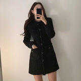 Kukombo Vintage Beige Tweed Dress Woman Single Breasted Elegant Party Mini Dresses Female Autumn Winter Wool Blend Dress Vestidos Mujer