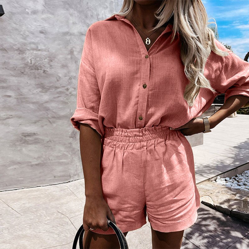 Kukombo  Women Two Piece Set Casual Long Sleeve Turn-Down Collar Cotton Linen Loose Blouse Shirts And High Waist Shorts Retro Tracksuit