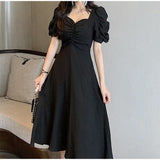 Christmas Gift Dress Women Fashion A-line High Waist Folds Slim Solid Summer Korean Style Party Elegant Retro Cute Puff Sleeve Sexy V-neck Chic