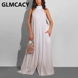Kukombo Women Chiffon Halter Backless Jumpsuits Loose Style Long Overalls Elegant Party Club Jumpsuit