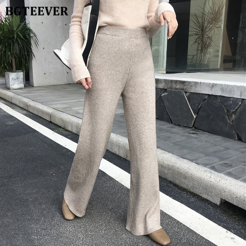 Christmas Gift Autumn Winter Women Thick pant Loose Elastic Waist Straight Leg Knitted Long Pant 2021 Ladies Casual Sweater Trouser