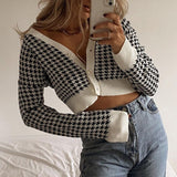 Christmas Gift Women Cardigans Sweater Plaid Print Vintage V Neck Elegant Chic Short Sweater Tops Spring Fashion Jumper Lady Streetwear