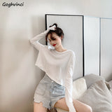 Kukombo Long Sleeve T-Shirts Women Spring Solid Loose Crop Top Sexy New Trendy Leisure Girls T-Shirt Korean Stylish Teens All-Match Chic
