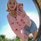 Christmas Gift HEYounGIRL Cherry Sweat Pink White Cute Cardigan Crop Top Casual Long Sleeve Cropped Sweater Women Autumn Winter Jumpers
