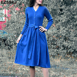 Christmas Gift 2021autumn winter v-neck maxi sweater dress women OL female long sweater dress with belt elegant a-line solid slim dress