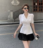 Christmas Gift 2PCS Women Summer 2021 Blazer Coat + Short Skirts Sets Elegant Short Sleeve OL Suits Korean Ladies Clothing Set Female 9397#