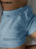 Kukombo Summer Women Elastic High Waist Blue Shorts English Letter printing Loose Solid Lady Casual Streetwear movement Shorts