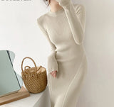 Christmas Gift O-neck Slim Sweaters Bodycon Dress for Women Autumn Winter Knitted Vestidos Femme Full Sleeve Midi Female Dress