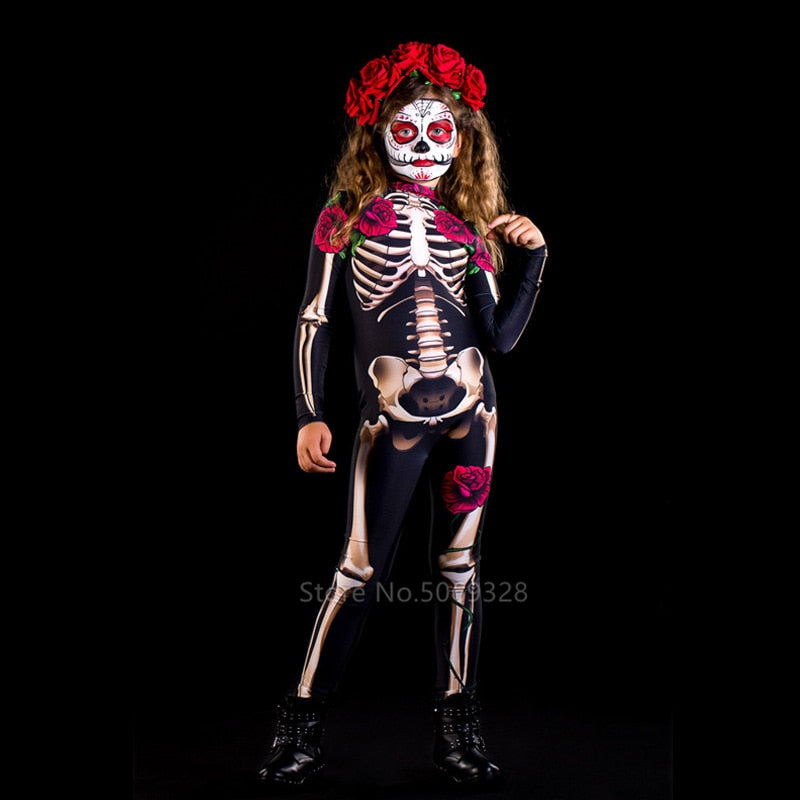Halloween Kukombo Skeleton Rose Sexy Women Halloween Devil Ghost Jumpsuit Party Carnival Performance Scary Costume Kids Baby Girl Day Of The Dead