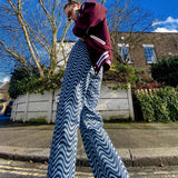 Kukombo Ripple Print Women High Waist Wide Leg Pants Jeans Loose Streetwear Casual Fashion 2022 Summer Clothes Bottoms Trousers