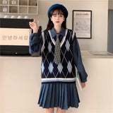 Kukombo Preppy Style Autumn Dress Sets Women New Argyle V-Neck Knitted Vest + Long Sleeve Tie Dress Female Korean Loose One-Piece Suits