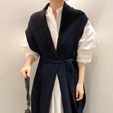 Christmas Gift Korean Chic Simple Loose Bubble Sleeve Shirt Dress V-neck Bandage Waist Long Knitted Vest Girl
