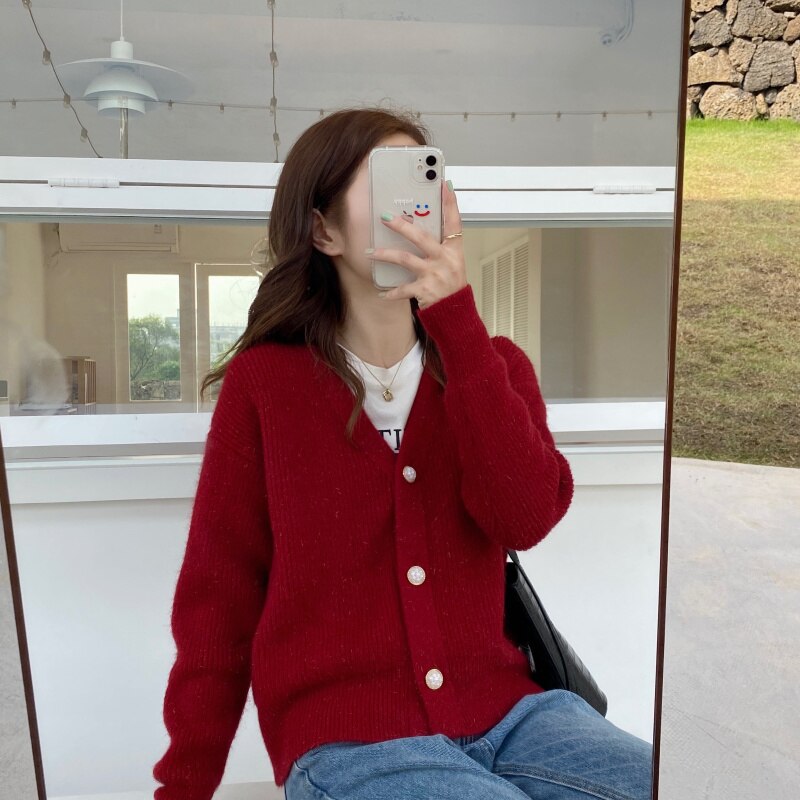 Kukombo White Cardigan Women V-Neck Knitted Ribbed Spring Autumn Sweater Fashion New Casual Long Sleeve Single Breasted Clothes