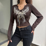 Kukombo Goth Print Cute Graphic T Shirts Women Black Techwear Long Sleeve Basic Autumn Tops Cropped Tee Shirt Girl Streetwear