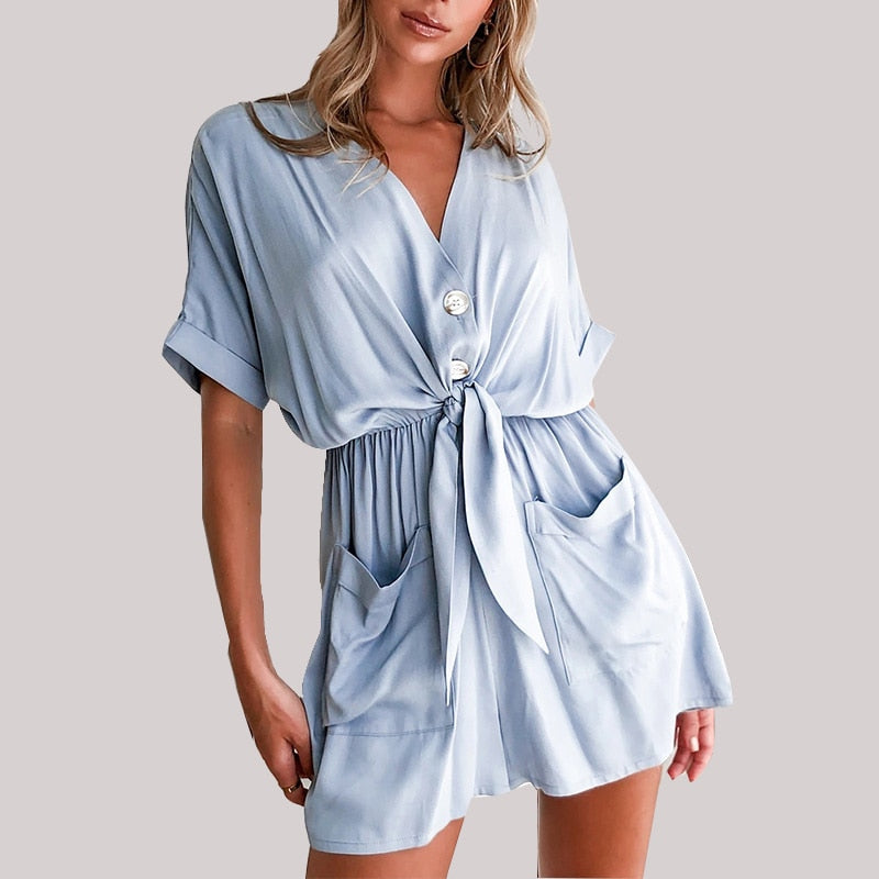Kukombo  Women Summer Casual Buttons Jumpsuits 2022 Fashion Solid Pockets Jumpsuit With Belt V-Neck Short Sleeve Female Rompers Playsuit