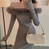 Kukombo  Women Knitted Dress 2022Autumn Winter Long Sleeve Off Shoulder White Sexy Party Dresses For New Year Furry Collar Elegant Robe